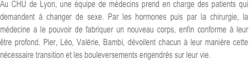 Au CHU de Lyon, une équipe de médecins prend en charge des patients qui demandent à changer de sexe. Par les hormones puis par la chirurgie, la médecine a le pouvoir de fabriquer un nouveau corps, enfin conforme à leur être profond. Pier, Léo, Valérie, Bambi, dévoilent chacun à leur manière cette nécessaire transition et les bouleversements engendrés sur leur vie. 